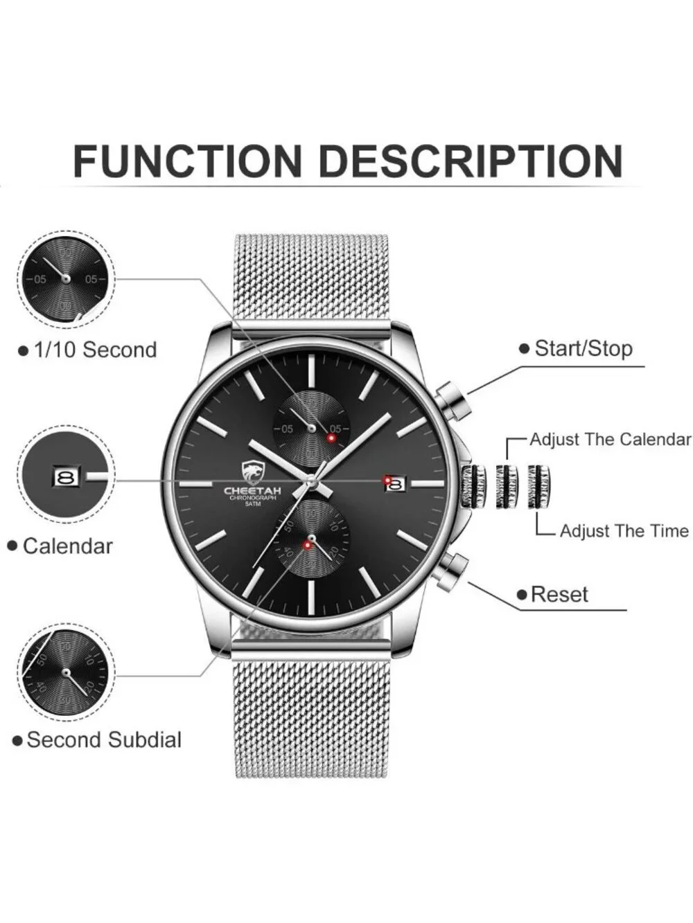 Men's Silver Black Quartz Analog Mesh Strap Stainless Steel Chronograph Watch